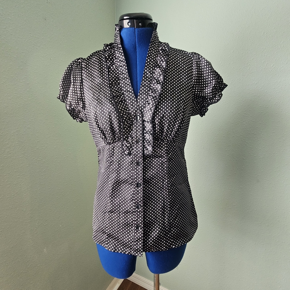 Byer California Black Polka Dot Button-Front Ruffle Blouse